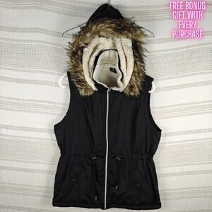 Athletic Collection Black Faux Fur Hooded Vest Size XL Lined